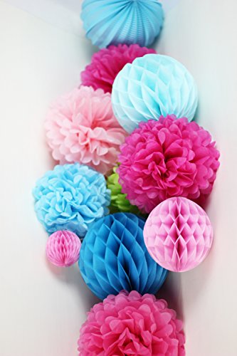 SUNBEAUTY 11er Set Deko Kombination Pink Rosa Blau Wabenbälle PomPoms