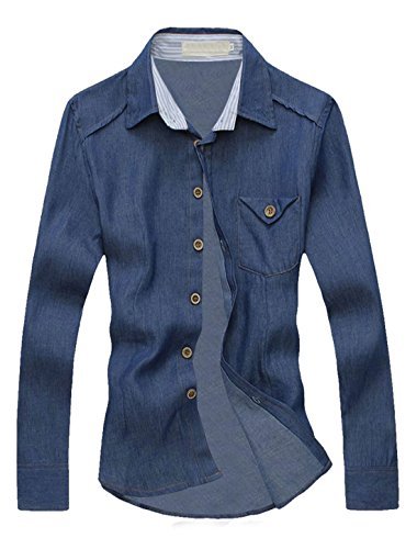 Move&Moving(TM) Men Stylish Single Breasted Round Hem Point Collar Casual Denim Shirt Blue XS