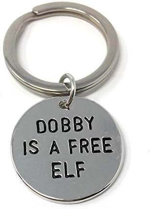 Cadoline Silver-Tone 'Dobby Is A Free Elf' Engraved Pendant Keyring 2.2cm Diameter Harry Potter House-Elf Here Lies