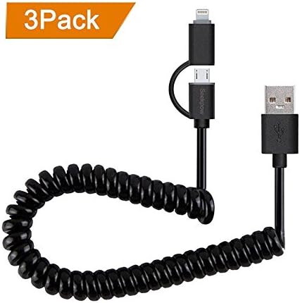 2-in-1 Lightning and Micro USB Spring Coiled Cable 3Pack for iPhone and Android, Seekpow 8-Pin Lightning &amp; Micro to USB Date Wire for iPhone 5 6 7 Plus SE, iPad Mini Air iPod, Samsung and More -Black