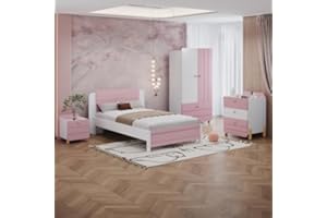‎DOLAMANÍ Dolamaní Jugendzimmer Möbel Komplett Set - Einzelbett 90x200 cm, Nachttisch Mit 3 Schubladen, Nachttisch Mit 1 Schublade, Kleiderschrank, Bett Für Jungen Mädchen (Rosa)