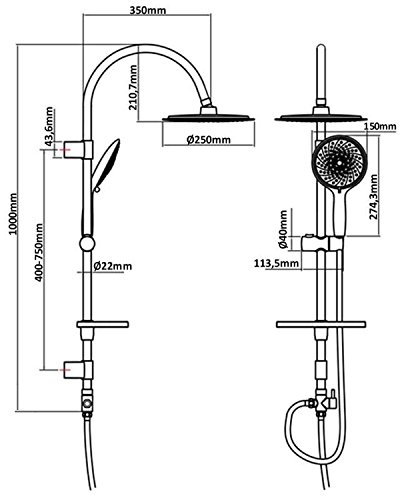 Duschset Brauseset Duschgarnitur Brausegarnitur Duscharmatur Duschstange 100cm Regendusche Duschsystem Überkopfbrause Brausestange Handbrause variable Halter 40cm-75cm für vorhandene Bohrlöcher MPR10 - 2