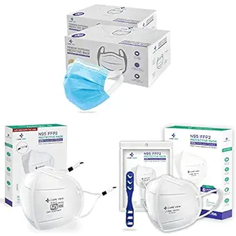 CARE VIEW 3 Ply Disposable Surgical Face Mask Box (Pack of 100, BLUE) & Careview Model CV1221, Face Mask (White) - Pack of 10 & Unisex Ear Loop Style N-95 Protective Face Mask, (White, Pack of 20)