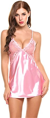 Sexy Nightgown Lingerie Patchwork Nightdress Women Sheer Scalloped Satin Nightwear Silk Slip Chemises Pink XL