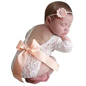 HelloCreate Photography Props, 2pcs/Set Newborn Baby Girl Lace Romper Headband Photography Props Outfits Infant Photo Shoot Clothes