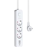 Termal Akım Korumalı Priz - Isıya Dayanıklı, &Ccedil;ocuk Korumalı, 3 Priz, 2 USB, 1 Type-C Girişli Uzatma Kablosu (1.8 Metre)