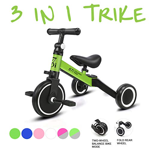 KORIMEFA 3 IN 1 Kids Trike for 1-3 Years Old Boys Girls Toddlers Tricycle 3 Wheels Baby Balance Bike Lightweight Folding Trike Adjustable Seat Balance Training Bicycle (Green)