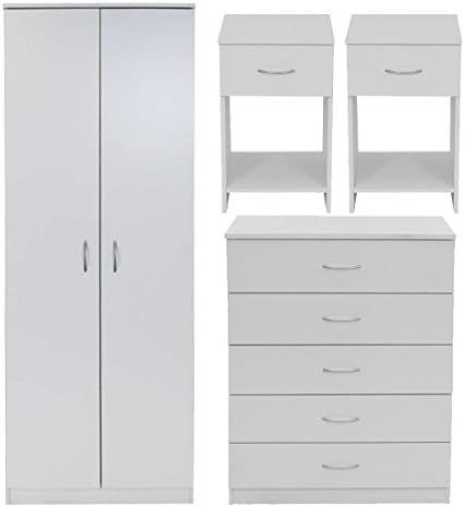devoted2home bedroom furniture 4 piece set white with silver handle, 2 door wardrobe, 5 drawer chest &amp; bedside table x2, 33.0-49.8 x 34.3-66.8 x 56.6-88.5cm. Full length hanging rail, 7 draws and storage shelves