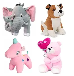 Gifteria 1st Edition Combo of 4 (Pink Unicorn, Bull Dog, Pink Balloon Teddy, Grey Elephant with 2 Baby) Soft and Stuffed Teddy Bear, Soft toys for baby boys/ girls, unicorn soft toys for girls big/small size