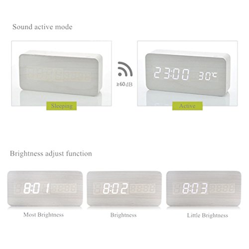 Ailiebhaus Holz-Wecker, digital, Schreibtisch-Wecker, Touch-Sound-Sensor, LED-Display, WhiteWhite, M - 3