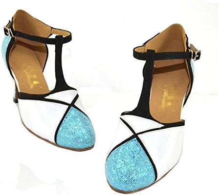 Womens Closed Toe High Heel Pu Leather Glitter Salsa Tango Ballroom Latin T-Strap Dance Shoes Blue White . A . 41