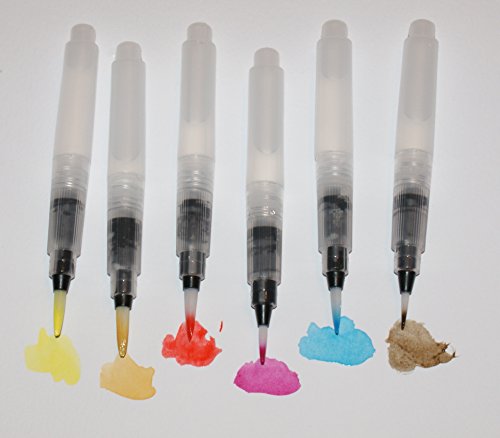 6 Stück Mobile Wasserfarben Wasserpinsel Aquarellfarben Pinsel / Stifte Wiederauffüllbar Malen unterwegs mobil mit Wassertank – 3 verschiedene Pinsel - 4