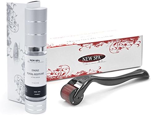 Microneedle NEW SPA Ruby Skin Care System 1.00mm Micro Needle Roller with Titanium Coated Needles and DMAE Total Restore Serum 20ml; to stimulate and restore collagen in mature skin …