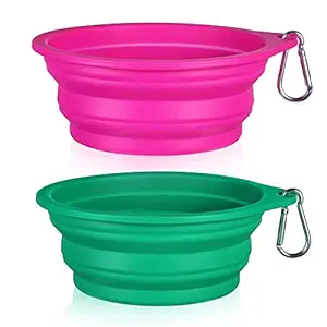 SLSON 2Pack Collapsible Dog Bowl,Integrated Molding Travel Bowl No Plastic Rim Pet Feeding Bowls for Walking Traveling Outdoors,600ML (Pink+Green)