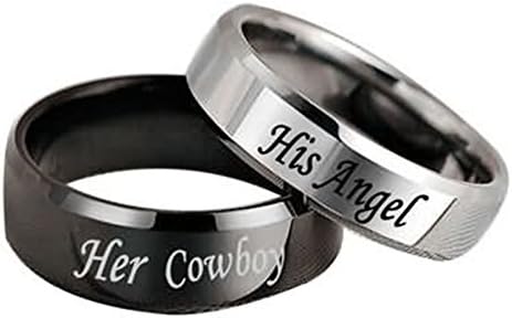 Epinki 6MM Couple Ring, Stainless Steel His Angel and Her Cowboy Wedding Anniversary Ring Size J 1/2-X 1/2