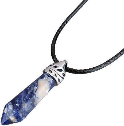 Gemstone Hexagonal Pointed Reiki Chakra Pendant Leather Cord Necklace For Women 17.5 Inch