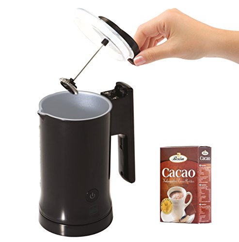 MilkTwister Elektrischer Milchaufschäumer / Milcherwärmer kabellos und Antihaftbeschichtet,Inhalt 580 ml, Milch aufschäumen in 90 Sek., 3in1 Funktionen (Milch aufschäumen, erhitzen und kalt aufschäumen), schwarz, inkl. 1x Kakaopulver 250gr - 4
