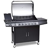 Alle Benner sind stufenlos regelbar und verfügen über eine Piezozündung. Eine Temperatur-Anzeige ist im Deckel mit integriert - Die seitlichen Tische bieten genügend Platz für Grill-Zubehör und Grillgut