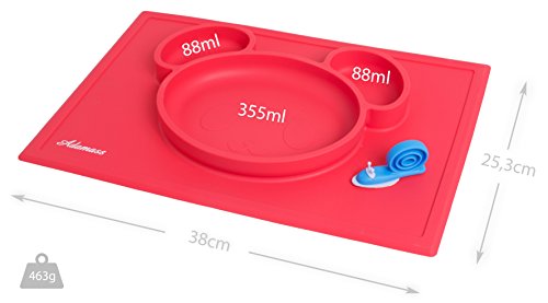 Platzdeckchen & Teller aus Silikon 2in1 – Smart Bear, Türstopper eingeschlossen / Anti-Rutsch- Essen trennende Platte für Baby, Kleinkinder und Kinder/ 3-Sektion Essenplatte und Platzmatte in verschiedenen Farben von Adamass - 3
