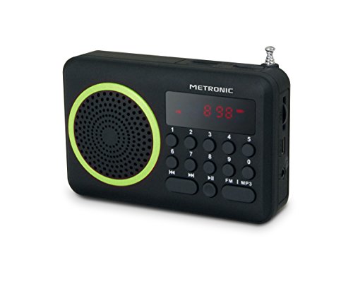 Metronic 477202 Mini Portatile Radio Fm, Lettore Micro SD Card Mp3 Batteria Ricaricabile, con Display, Nero/Verde Nero/Verde