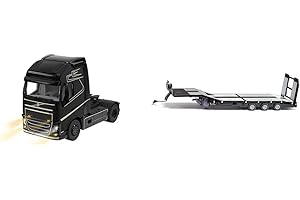 siku 6731, Volvo FH16 LKW, 1:32, Metall/Kunststoff, Schwarz & 6744, 3-Achs Tieflader, Nooteboom Eurotrailer, 1:32, Schwarz/Silber, Metall/Kunststoff, Elektronische Laderampe, 4 LEDs am Heck