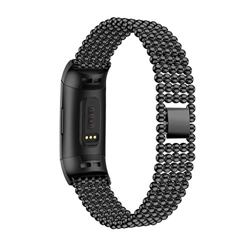 Preisvergleich Produktbild HappySDH Armband kompatibel mit Fitbit Charge 3, Smartwatch Zubehör Edelstahl Perlen Ersatzarmband Armbänder Smartwatch für Frauen (Schwarz)