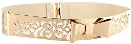 Women Fashion Gold Metal Keeper Metallic Big Mirror Bow Wide Obi Belts (Fretwork Beige)