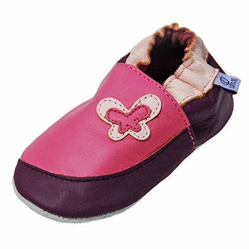 Lederpuschen Hausschuhe Schläppchen Kindergartenschuhe Krabbelschuhe Baby Lederschuhe Lauflernschuhe mit Wildledersohle Gr.17-31 von Lappa.de "Schmetterling rosa-lila" Art.101