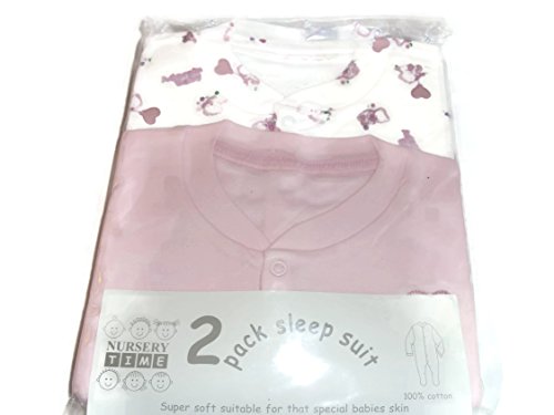 2 Pack Coloured Pink Sleepsuits Motif of Teddy Bear & Hearts (6-9 Months)
