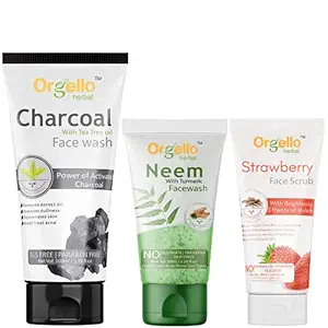 Orgello Herbal Charcoal Face Wash | 1 X 100 ml | + Neem And Turmeric Face Wash | 1 X 60 ml | + Strawberry Scrub | 1 X 60 ml | Men women Boys Girls | All Skin Types | Pack of 3