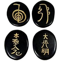 THREE EYE STORE Heilkristalle – 4 Stück gravierte Chakra-Symbole aus schwarzem Achat, Handschmeichler, Kristall, Reiki…