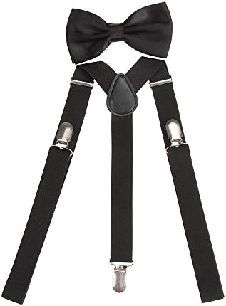 Agentle Mens Elastic Adjustable Trouser Braces Suspender Bow Tie Set Y Shape with Strong Clips (Black)