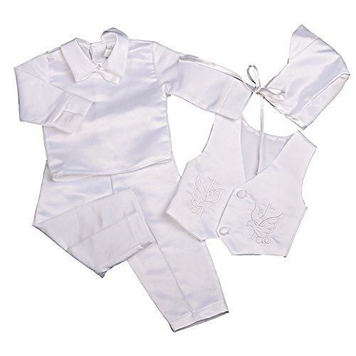 Dressy Daisy Baby Boys' 4 Pcs Satin Baptism Christening Suit With Bonnet Long Sleeves Infant Size 6-9 Months White