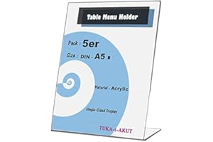 TUKA-I-AKUT TUKA [5x] Expositor de Mesa, A5 vertical, 2mm Acrílico Transparente, inclinado Soporte de sobremesa, Titular de folletos, carteles, fotos y menús, porta carteles, TKD8200-A5-5x