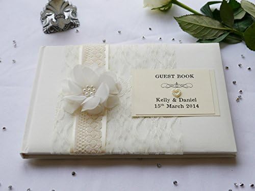 Personalised Wedding Guest Book, Vintage, Shabby Chic, Lace, Flower With Pearls