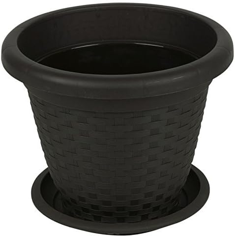 Set of 3 Rattan Plant Flower Pot Coloured Stackable Pot &amp; Saucer Herb Planter Garden (Wenge/Brown - 35cm)