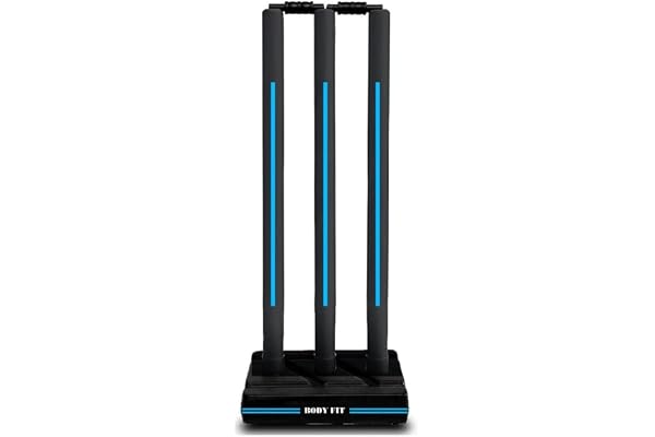 Bodyfit Cricket Stumps Plastic Wickets Set with 3 Stumps + 2 Bails + 1 Stand Full Size Wickets for Cricket Ground, Tournament Wicket, Floro Black-Blue.