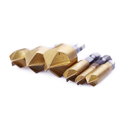 Raysen 6 Stk. 1/4 “ Sechskant Schaft HSS 5 Flöte Senkbohrer Set 90 Grad für Holz Schnellwechsel Bit 6mm-19mm - 8