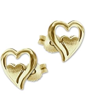 CLEVER SCHMUCK Goldene Ohrstecker Herz mit doppelter Optik matt und glänzend kombiniert 333 GOLD 8 KARAT im Etui