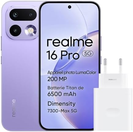 realme 16 Pro 5G Smartphone, 8GB+256GB, Display AMOLED 144Hz 6,78", Batteria 6500mAh, Fotocamera 200MP OIS, IP69K, Ricarica Rapida 45W, Doppia SIM, Next AI, Viola (Con Adattatore)
