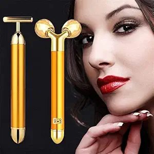 Zorzel 2-IN-1 Face Massager Roller Golden Pulse Facial Massager, Electric 3D Roller and T-Shape Vibrating Massager Gold Face Bar Instant Face Lift, Anti-Wrinkles, Skin Tightening, Face Firming