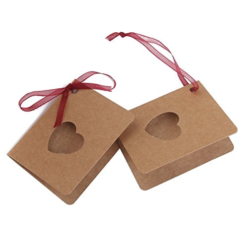 LUOEM Kraftpapier Hang Tag Karte Tag Mit Roten Seil Hohle Herz Lable für Hochzeit Geburtstag Deko Pack of 50 - 6
