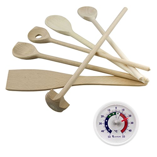 Küchen / Kochhelfer Holz Set 7 tlg. Mit Kochlöffel , Quirl , Pfannenwender und Kunststoff Thermometer Analog