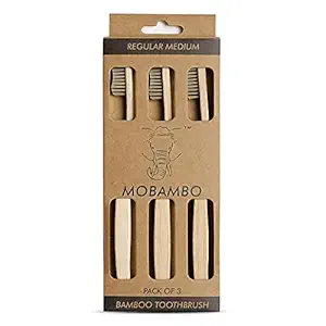 Mobambo Bamboo Toothbrush Regular Medium - Charcoal Toothbrush Natural Wooden ECO Friendly Toothbrush For Adults, Kids with Soft Medium - Pack of 3