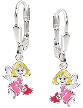 CLEVER SCHMUCK Silberne Ohrhänger 24 mm kleine Fee oder Engel 8 mm teils gelb rosa weiß lackiert mit Herz pink...