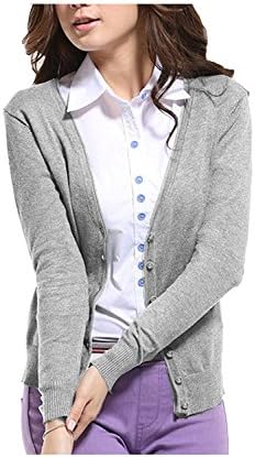 Winfon Women's Long Sleeve V-Neck Cotton Button up Knit Cardigan Sweater Coats Outwear Top (Gray,XL)