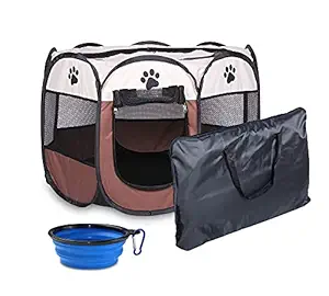 Coopupet Pet Playpen, Foldable Dog Playpen, Portable Dog Pen, Octagon Puppy Playpen Indoor, Exercise Kennel Dog Tent for Dogs/Cats/Rabbits + Free Carrying Case + Free Travel Bowl (Beige+Coffee, L)