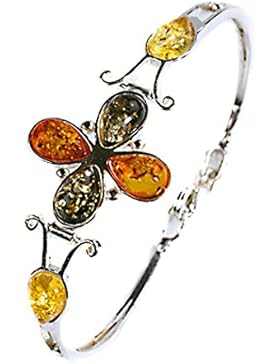 Mehrfarbiger Bernstein Sterling Silber Blumen Armreif 19 cm