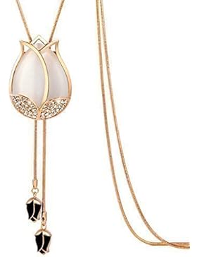 Sasavie Schmuck-Ketten Lange Halskette Tulpen Einstellbar 98cm White Opal Stein Vergoldet