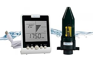 Jauge pour citerne d´eau de pluie, cuve, récupérateur. Ecometer S - Capteur de niveau d'eau ultrason (à batteries) et écran émetteur radio. Radiotransmission avec un champ jusqu´ à 150 m